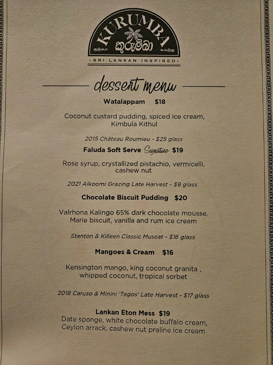 Menu, Kurumba Restaurant & Bar Surry Hills