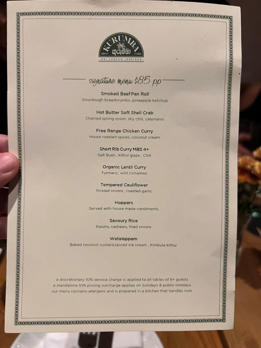 Menu, Kurumba Restaurant & Bar Surry Hills