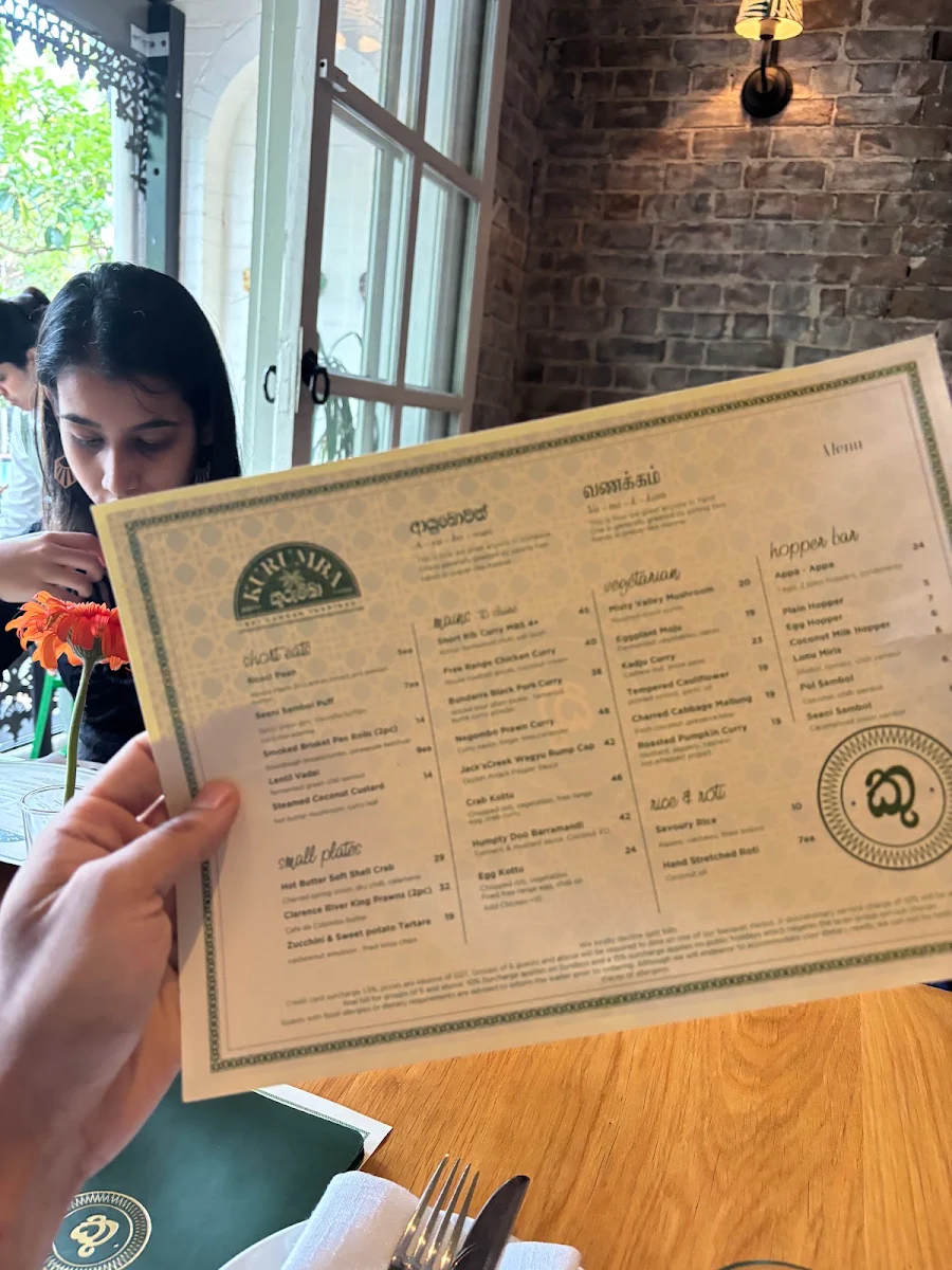 Menu, Kurumba Restaurant & Bar Surry Hills