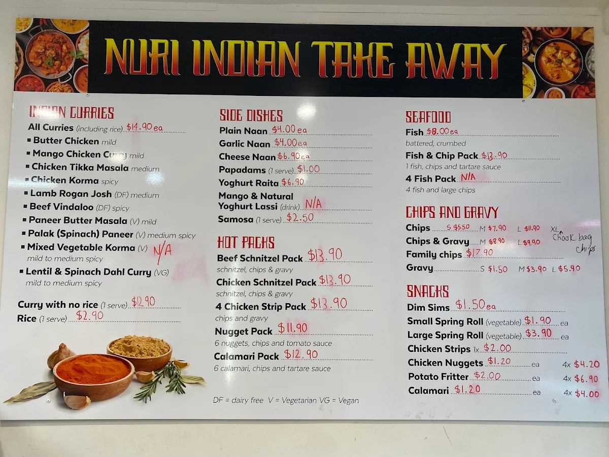 Menu, Nuri Indian Takeaway(Barossa Roadhouse)