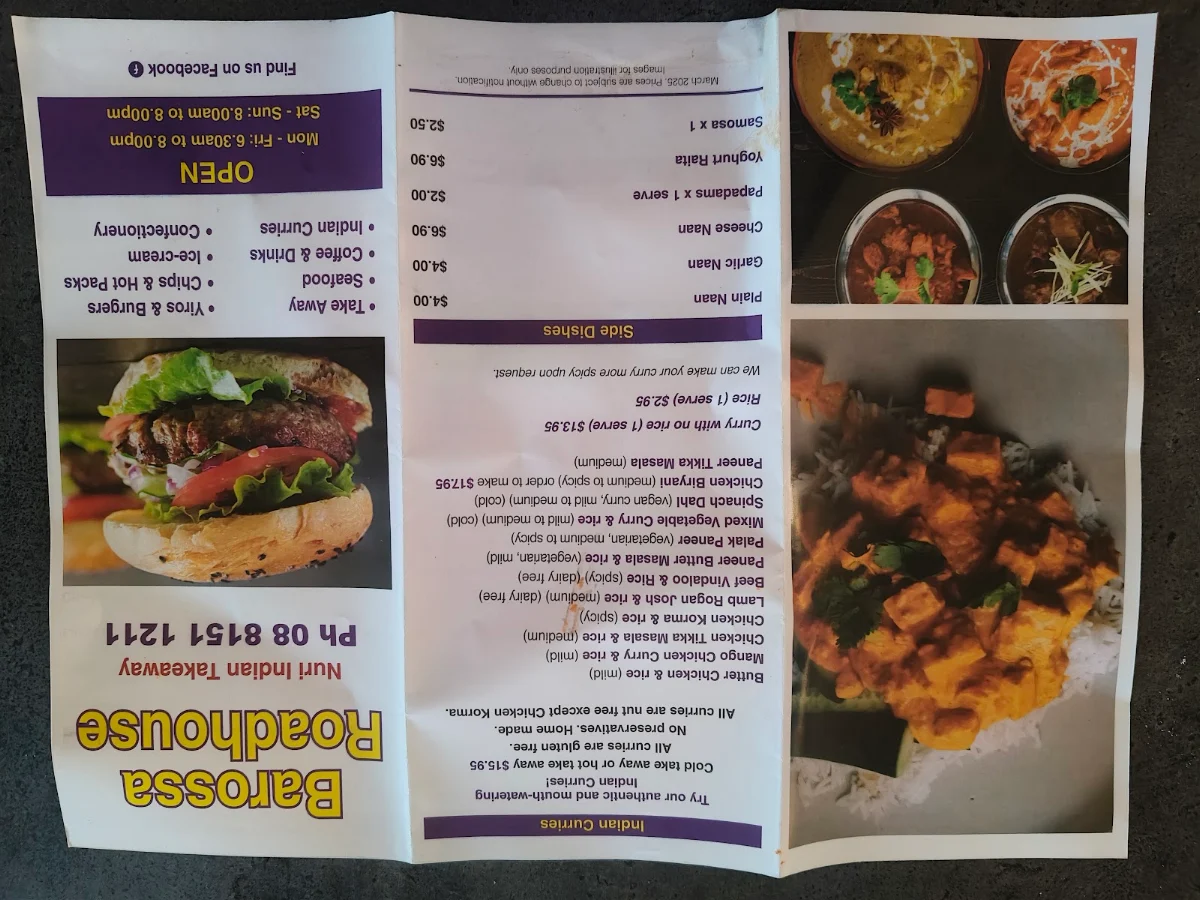 Menu, Nuri Indian Takeaway(Barossa Roadhouse)