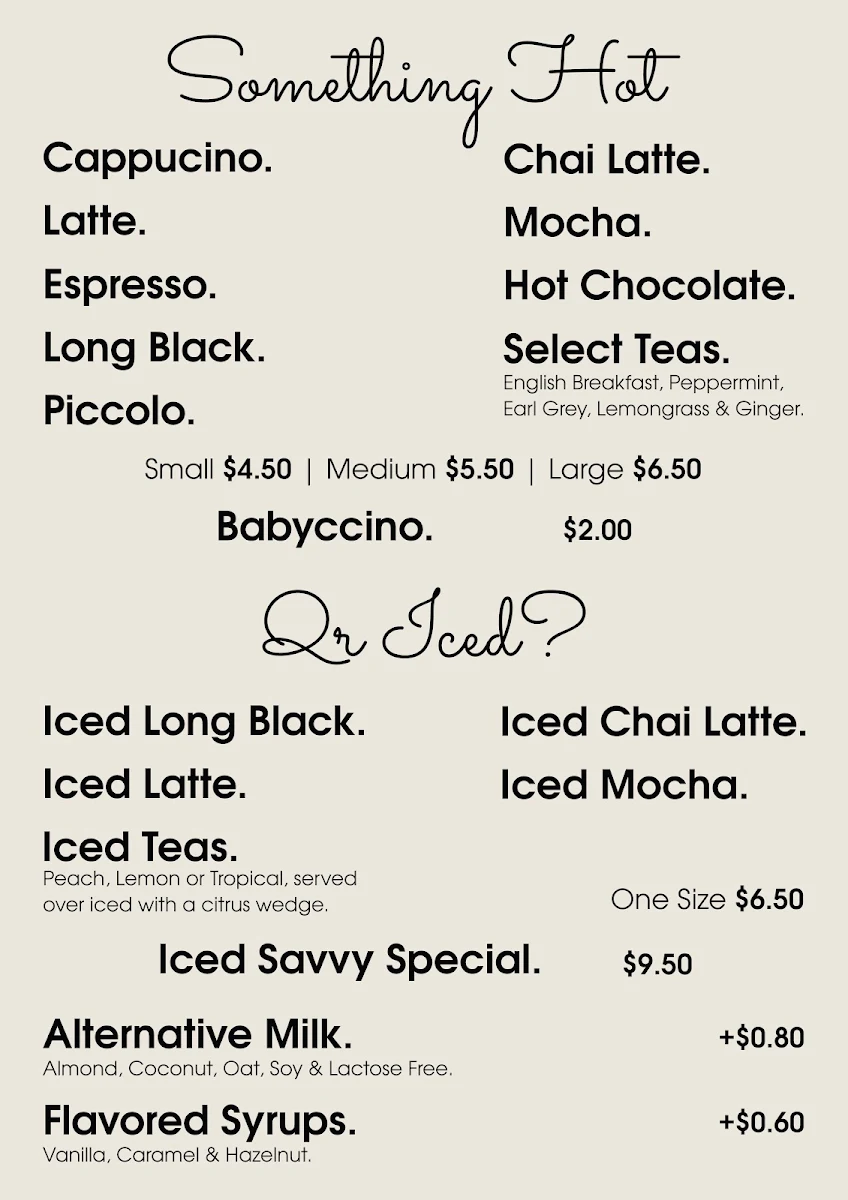 Menu, Savvybeans