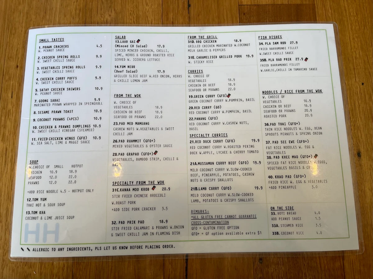 Menu, Paradai Thai Highett