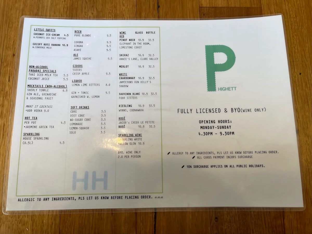 Menu, Paradai Thai Highett