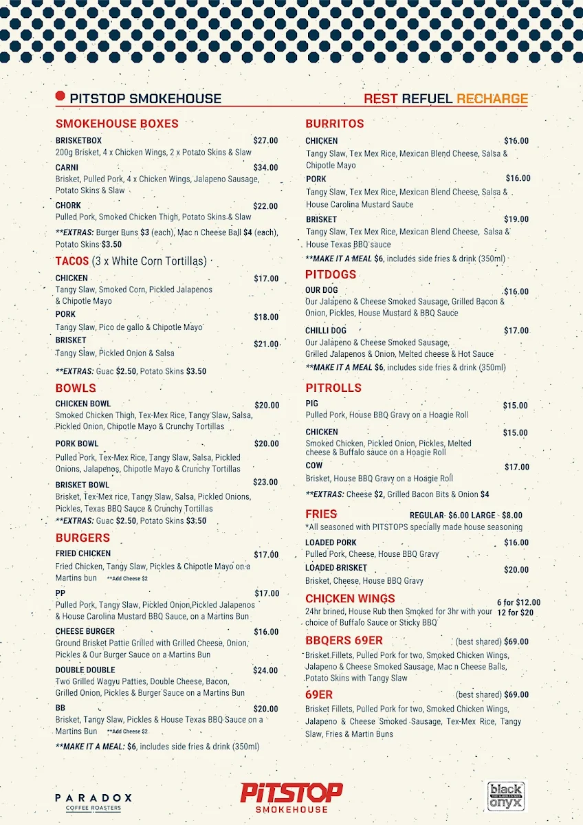 Menu, PitStop Smokehouse &Cafe