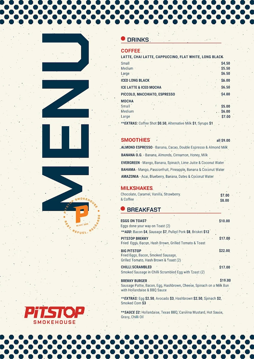 Menu, PitStop Smokehouse &Cafe