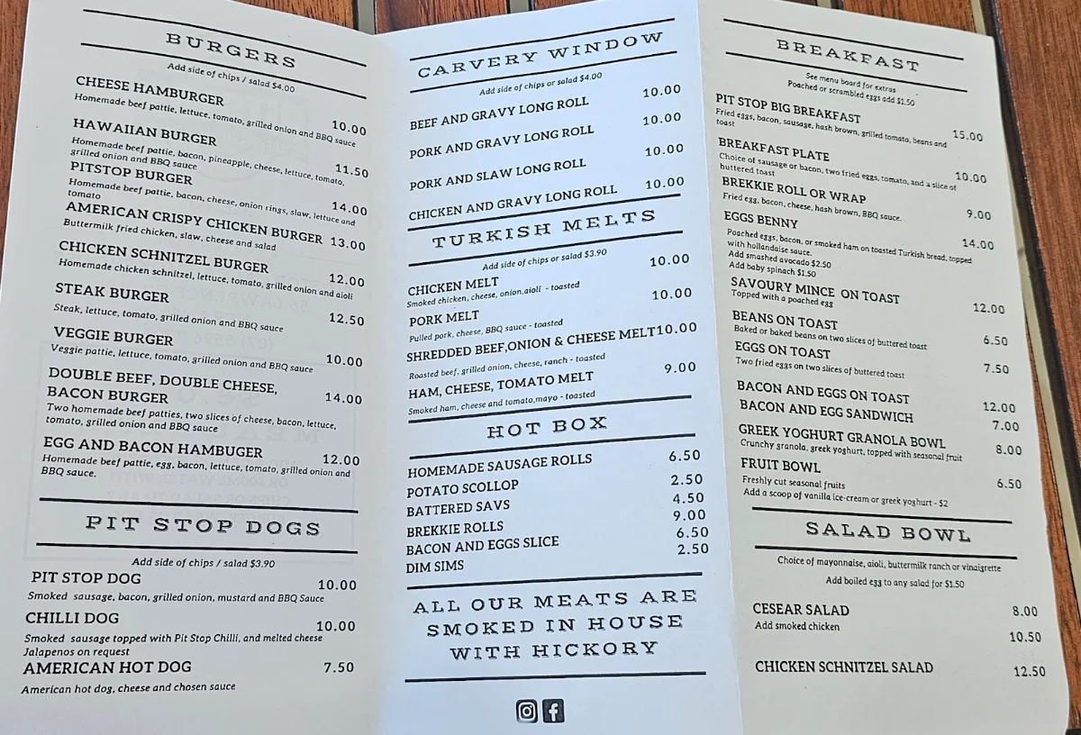 Menu, PitStop Smokehouse &Cafe