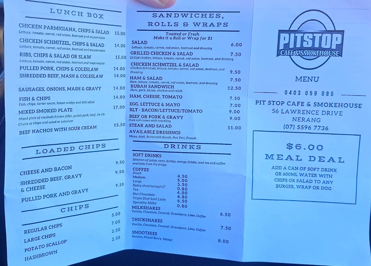 Menu, PitStop Smokehouse &Cafe