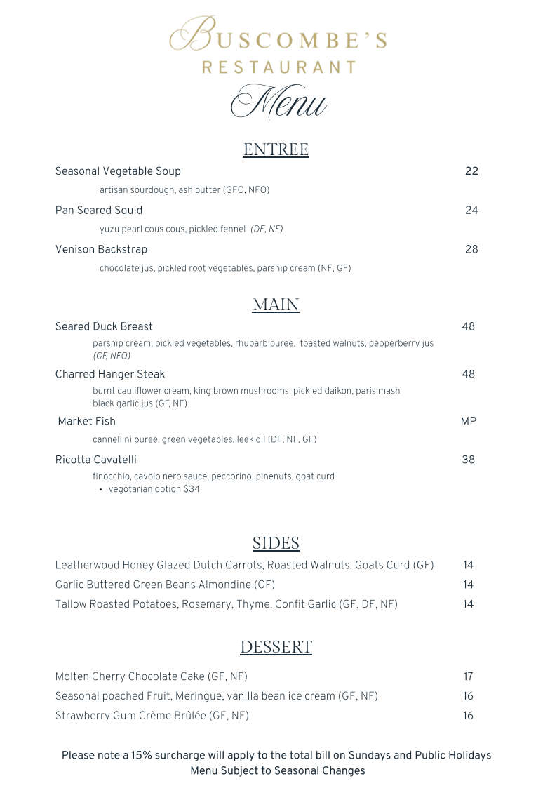 Menu, Buscombe's Restaurant