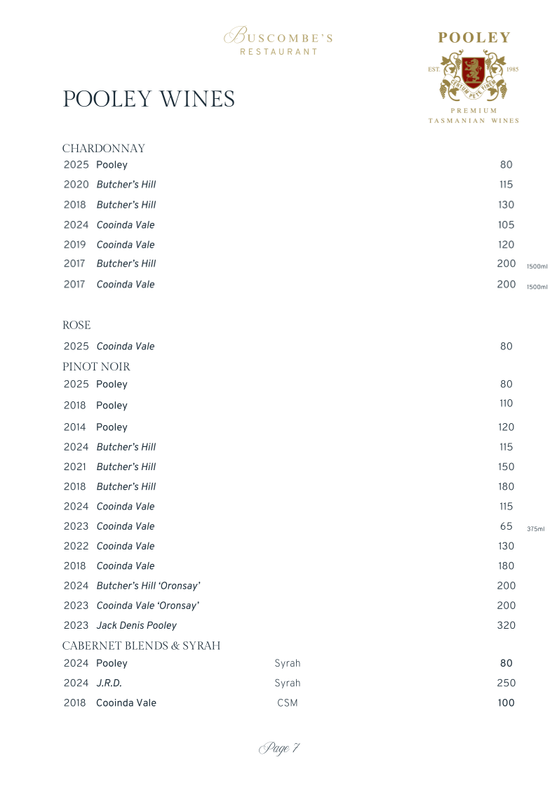Menu, Buscombe's Restaurant