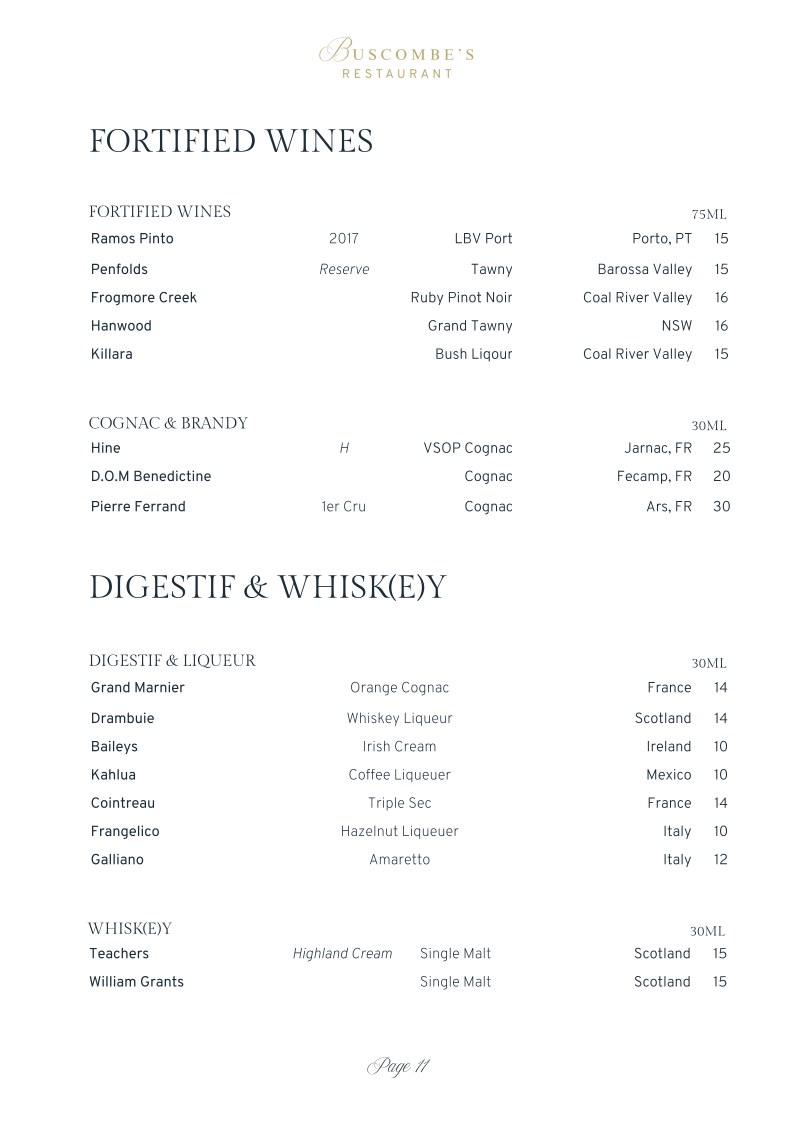 Menu, Buscombe's Restaurant