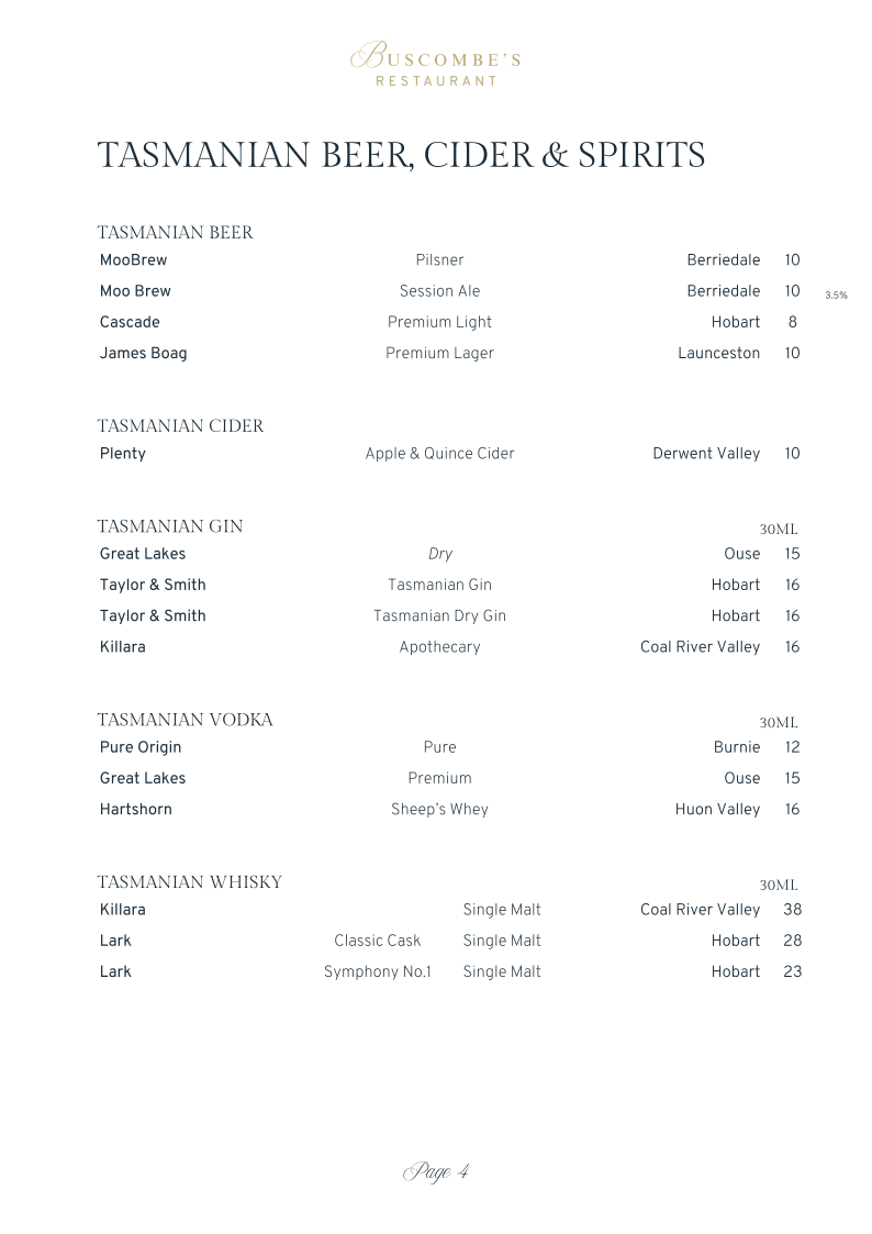 Menu, Buscombe's Restaurant