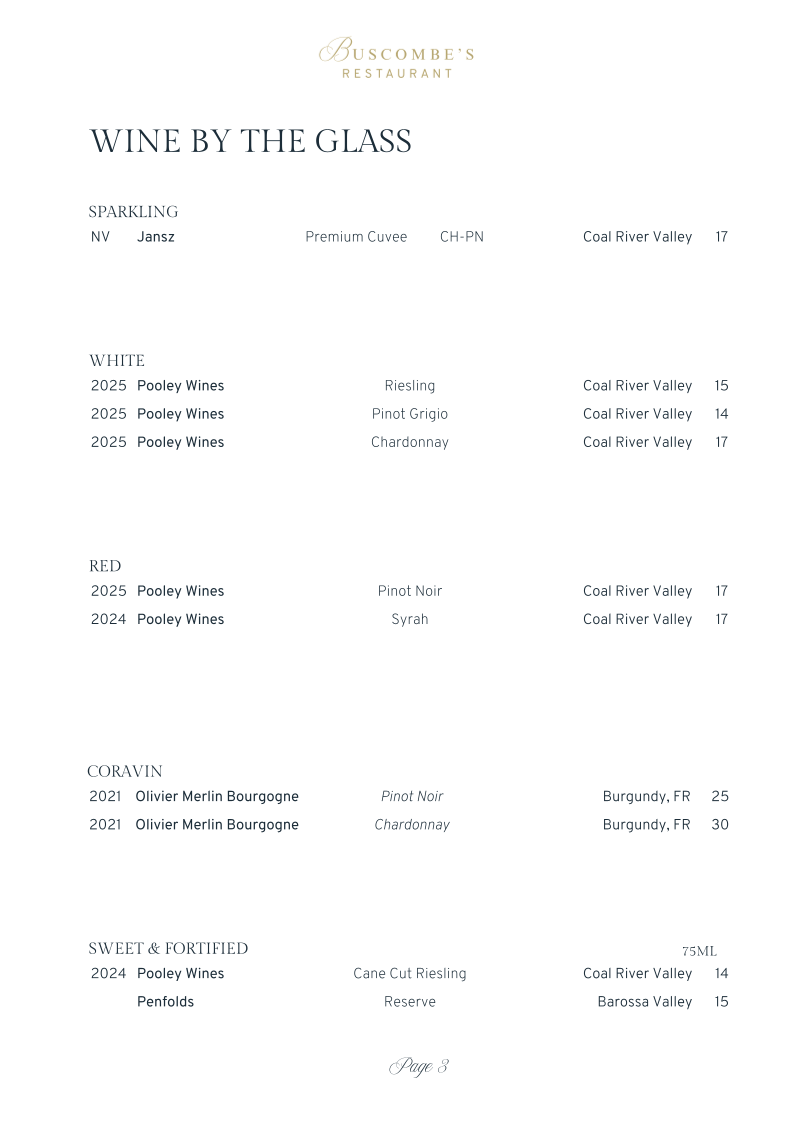 Menu, Buscombe's Restaurant