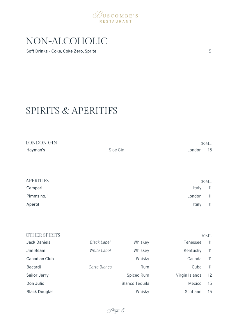 Menu, Buscombe's Restaurant