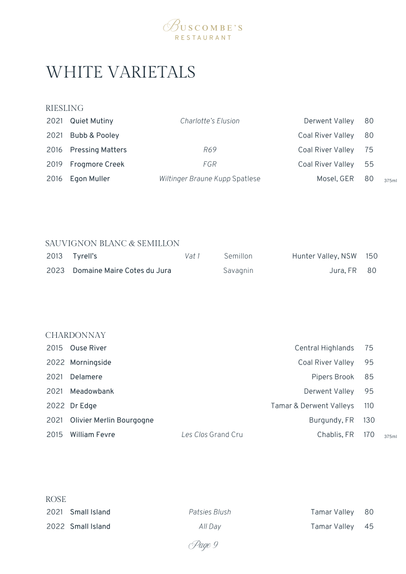 Menu, Buscombe's Restaurant