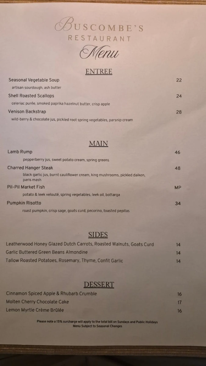 Menu, Buscombe's Restaurant