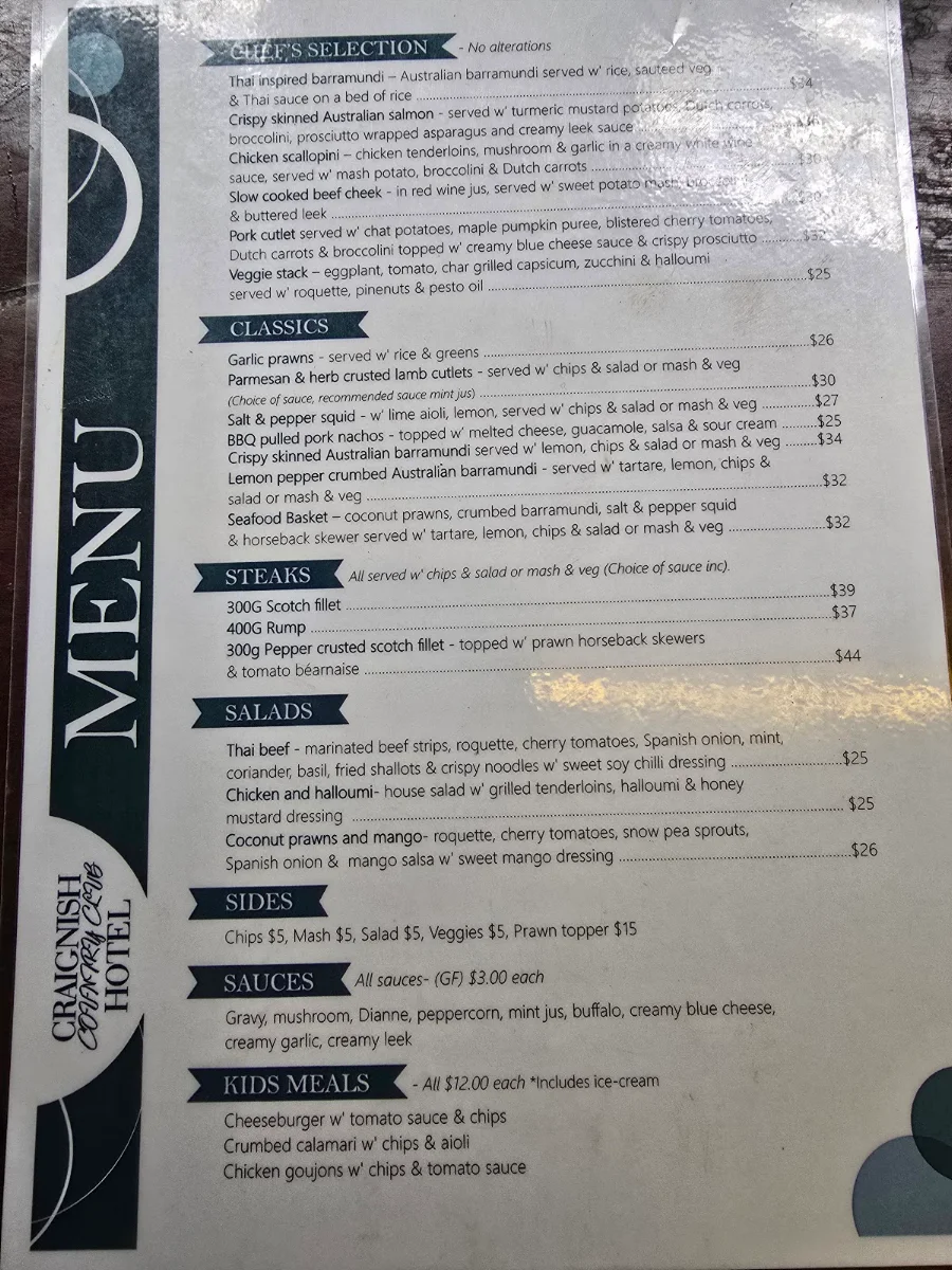 Menu, Craignish Country Club Hotel