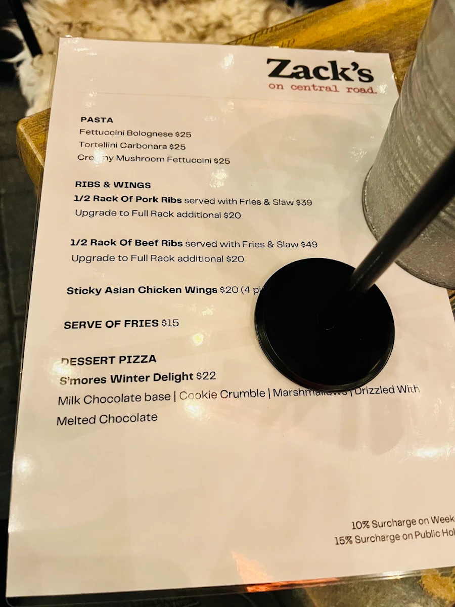 Menu, Zack's on Central Road