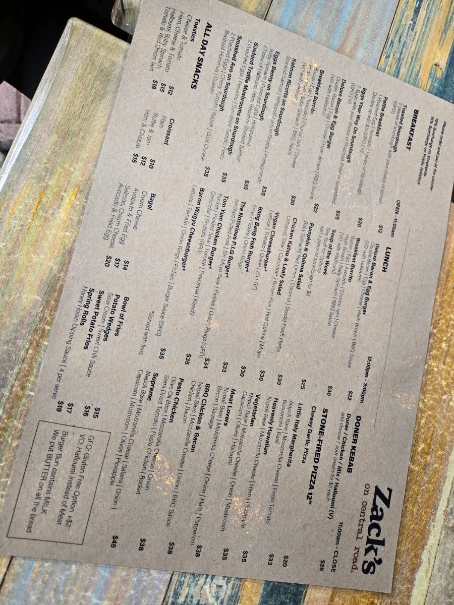 Menu, Zack's on Central Road