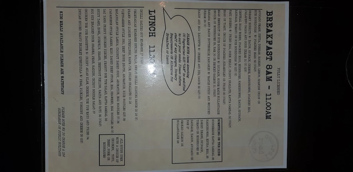 Menu, Zack's on Central Road