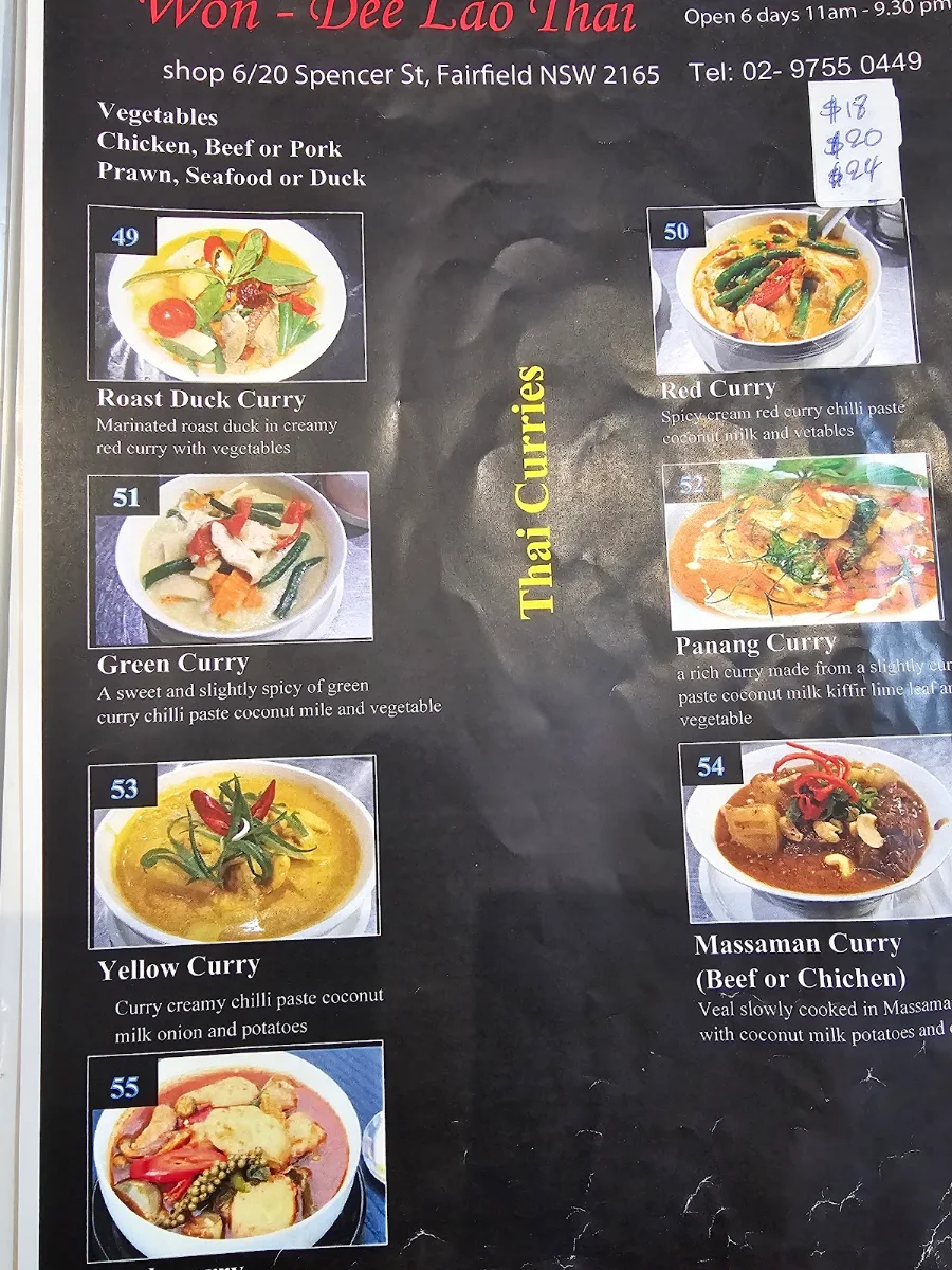 Menu, Won Dee Lao & Thai Fairfield