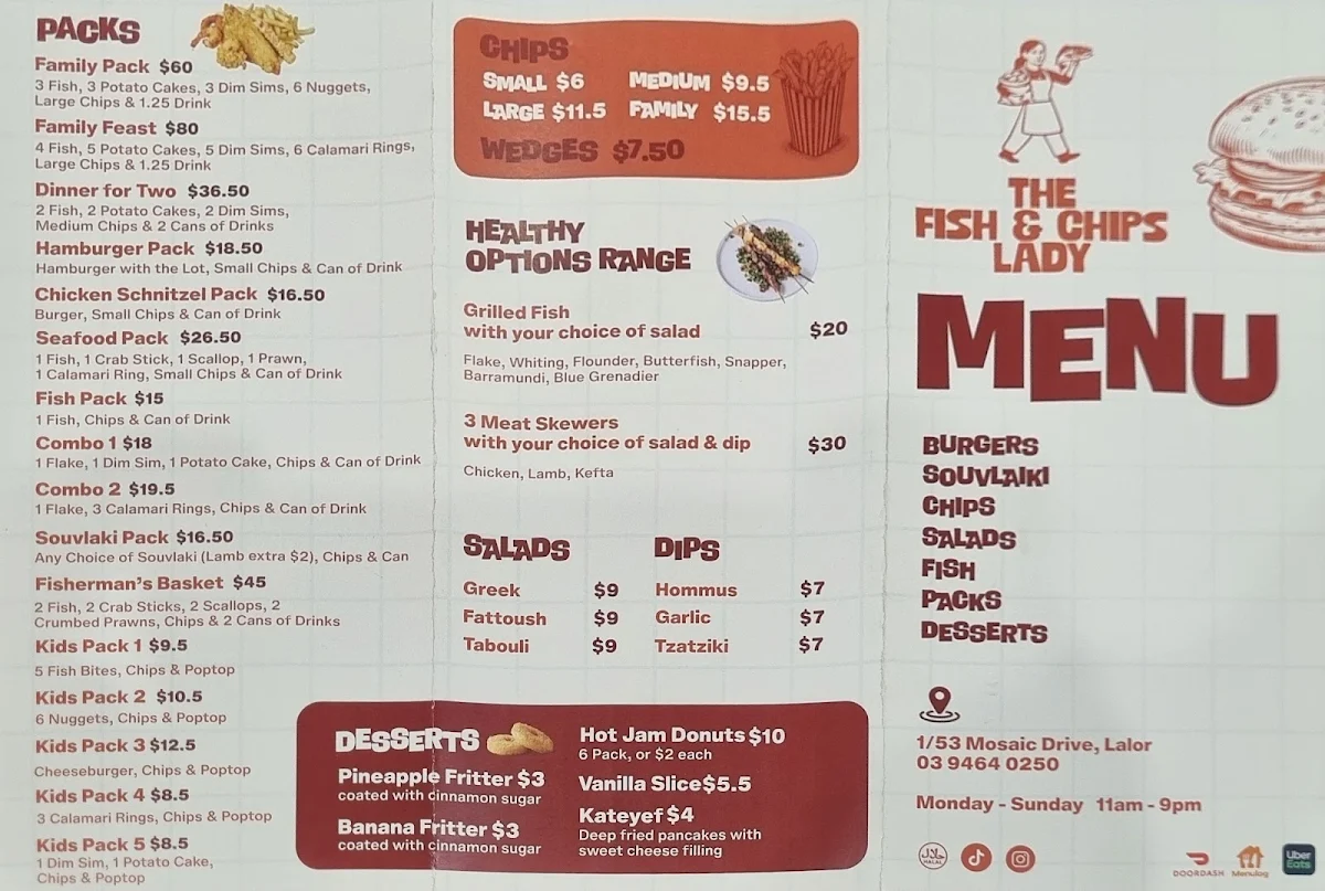Menu, mosaic fish and chips