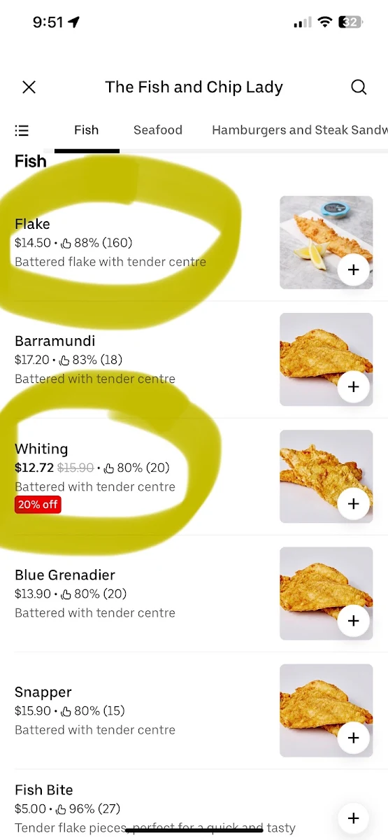 Menu, mosaic fish and chips