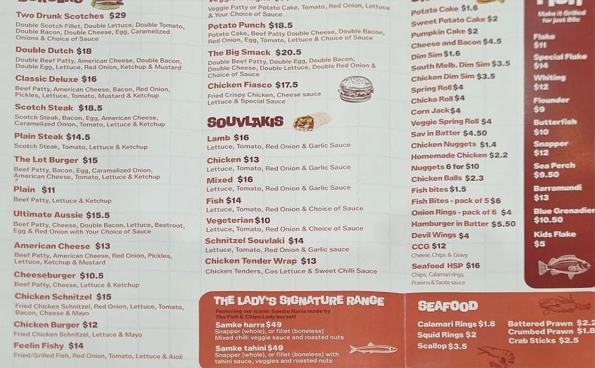 Menu, mosaic fish and chips