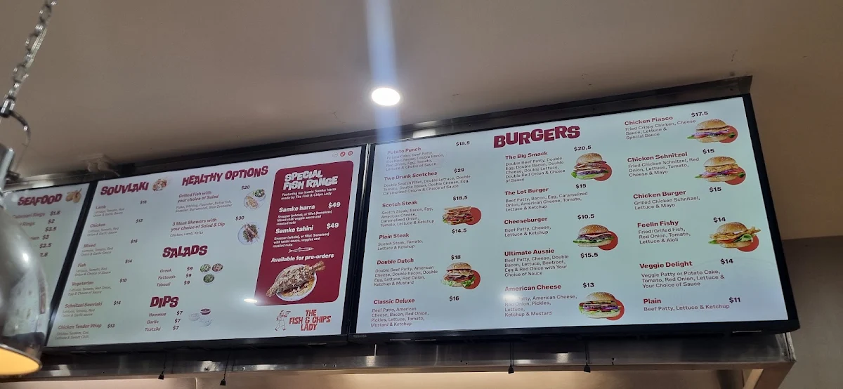 Menu, mosaic fish and chips