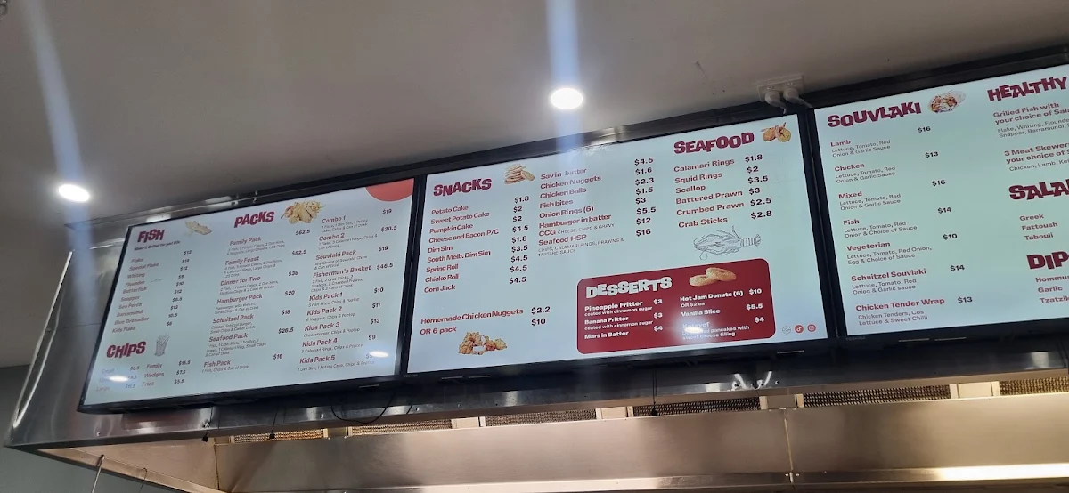 Menu, mosaic fish and chips
