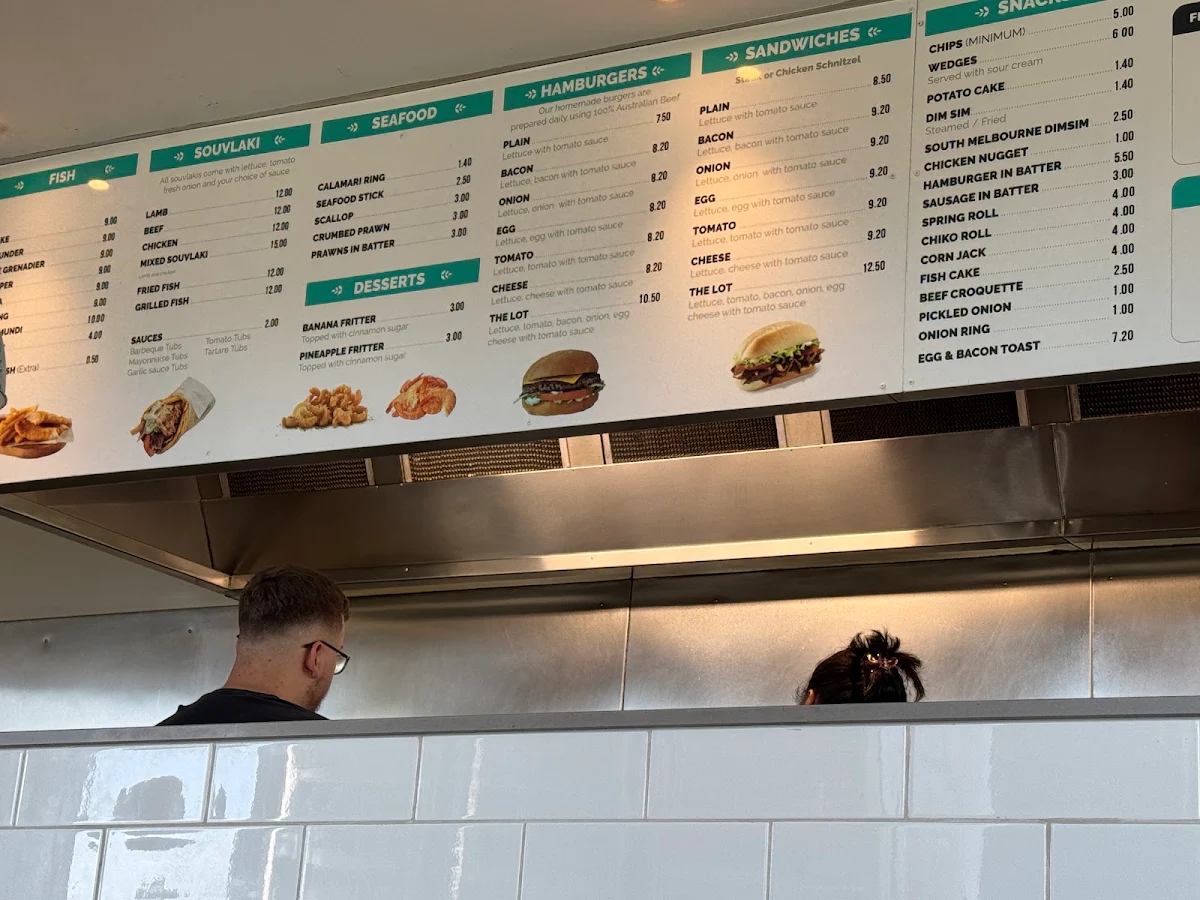 Menu, mosaic fish and chips