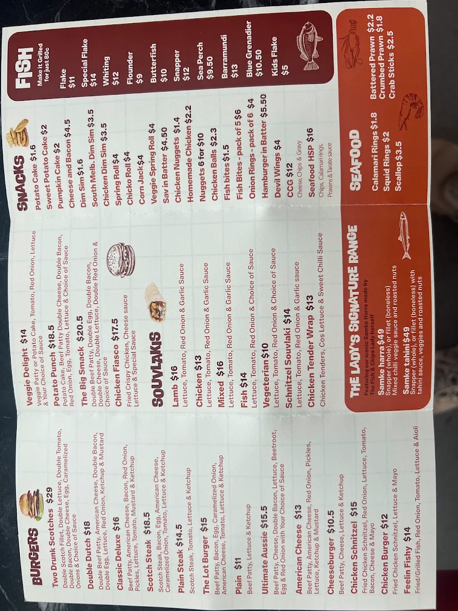 Menu, mosaic fish and chips