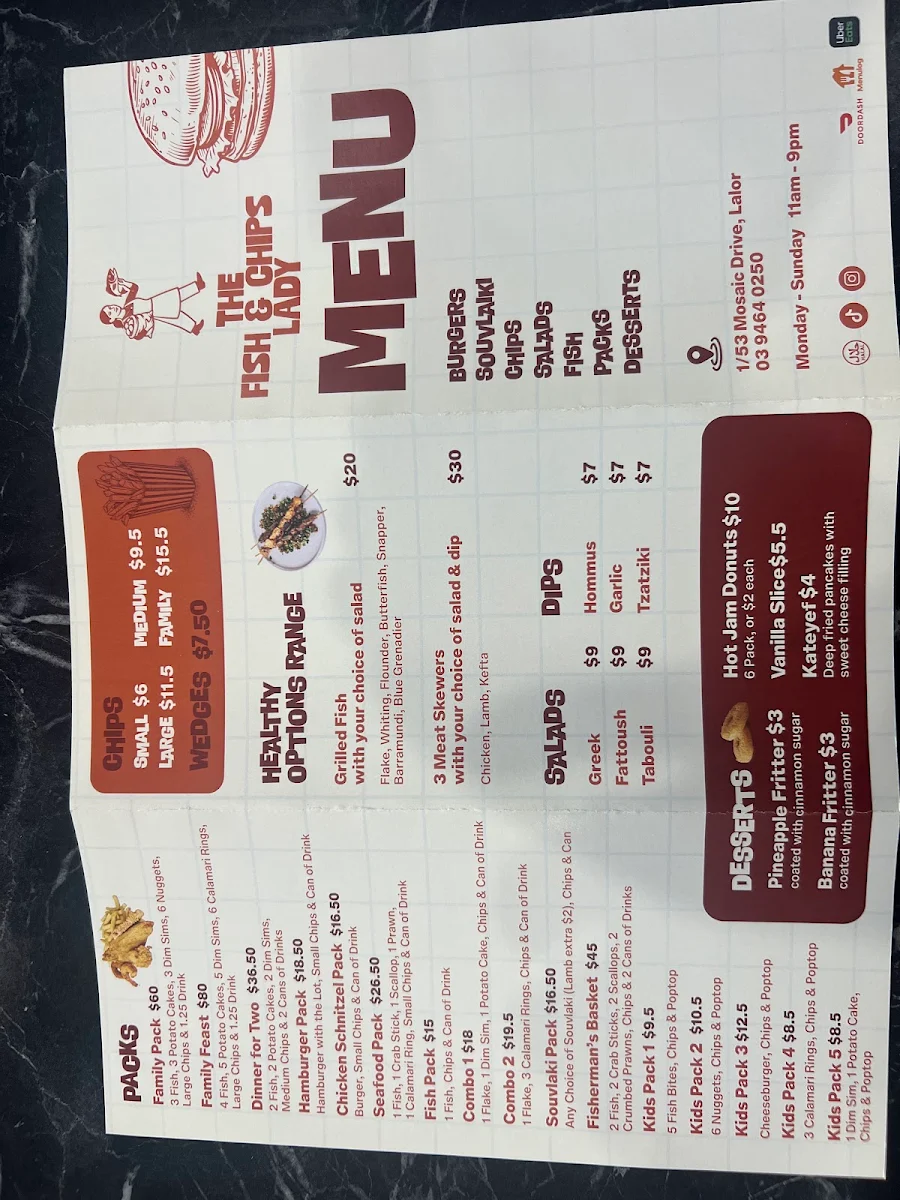 Menu, mosaic fish and chips