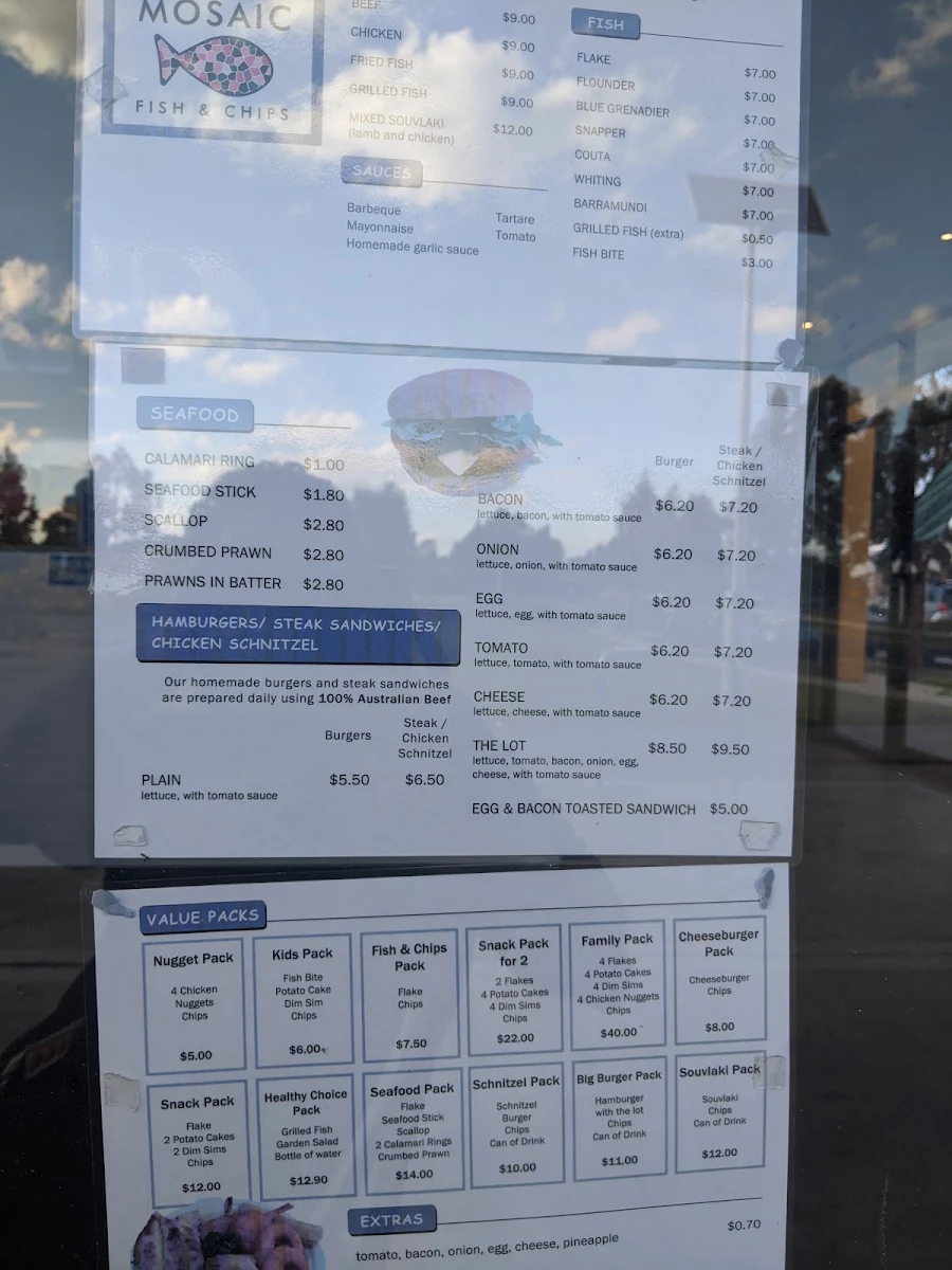 Menu, mosaic fish and chips