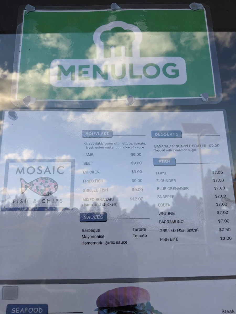 Menu, mosaic fish and chips