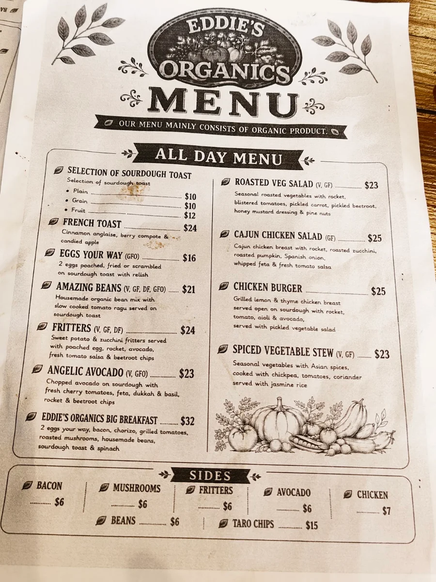 Menu, EDDIE'S ORGANICS