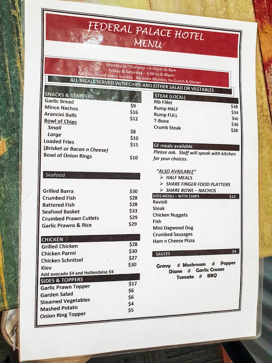 Menu, Federal Palace Hotel