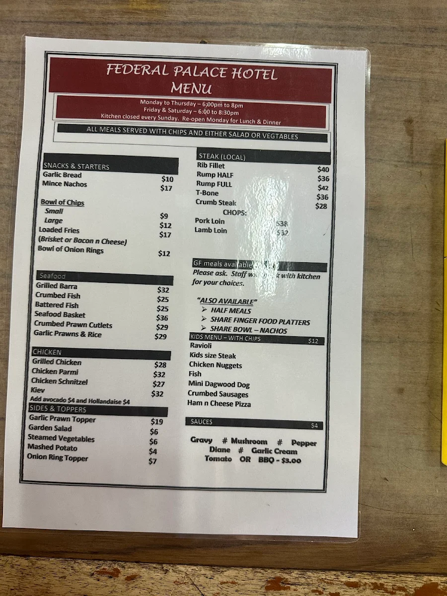 Menu, Federal Palace Hotel