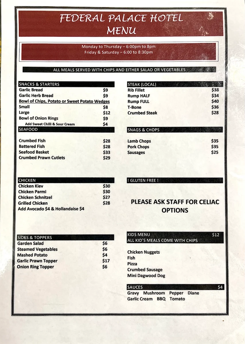 Menu, Federal Palace Hotel