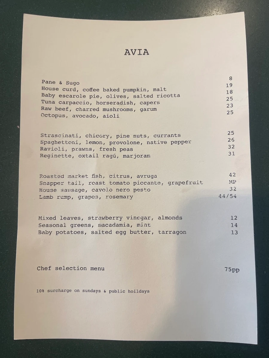 Menu, Avia Restaurant