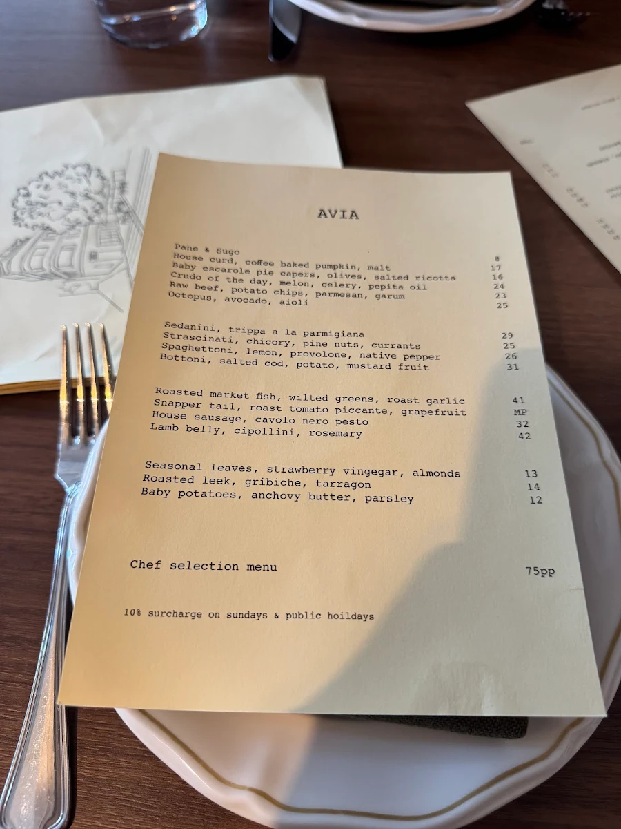 Menu, Avia Restaurant