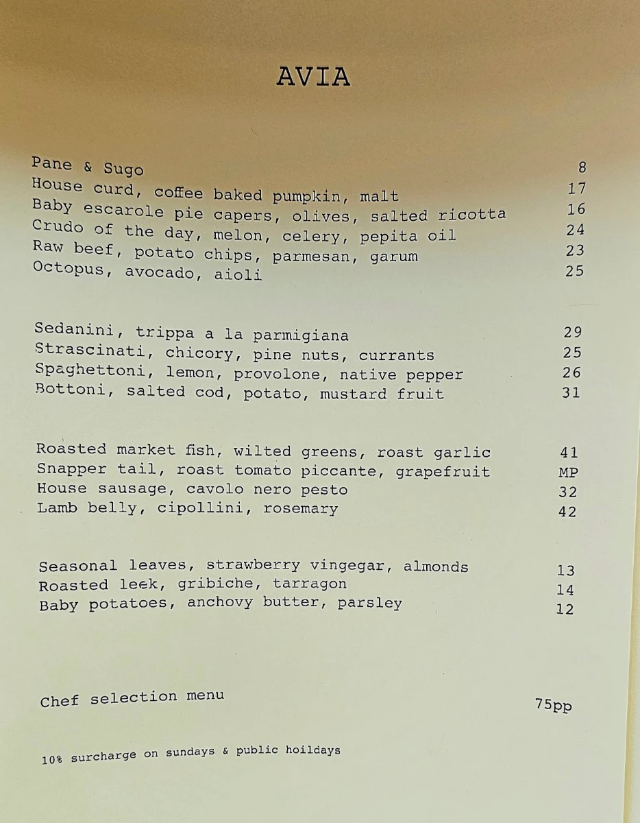 Menu, Avia Restaurant