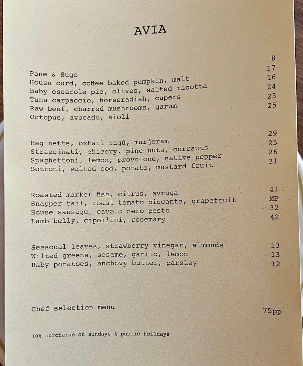 Menu, Avia Restaurant
