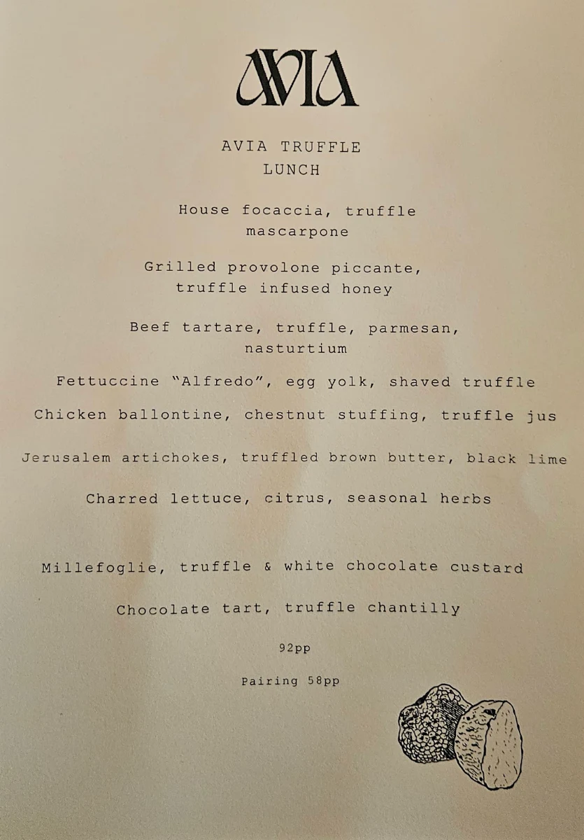 Menu, Avia Restaurant