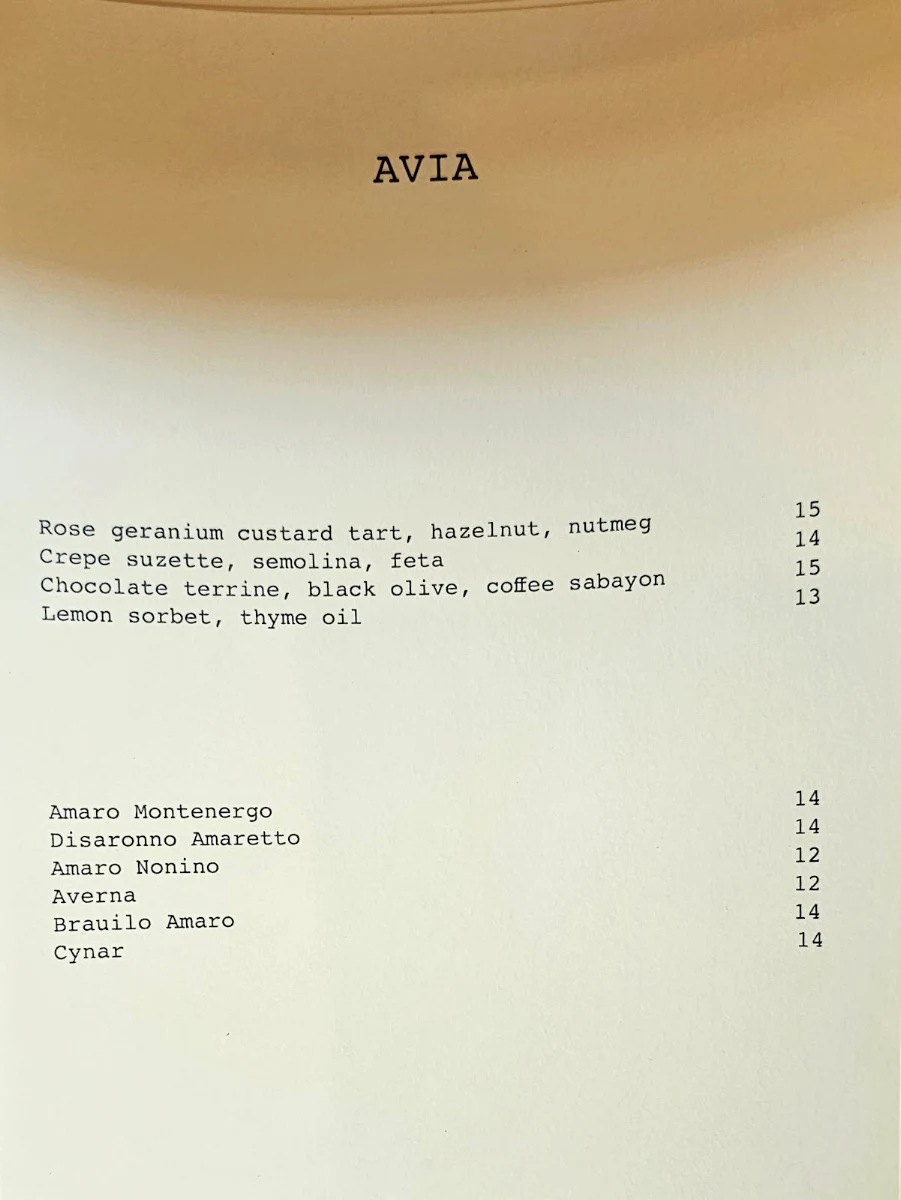 Menu, Avia Restaurant