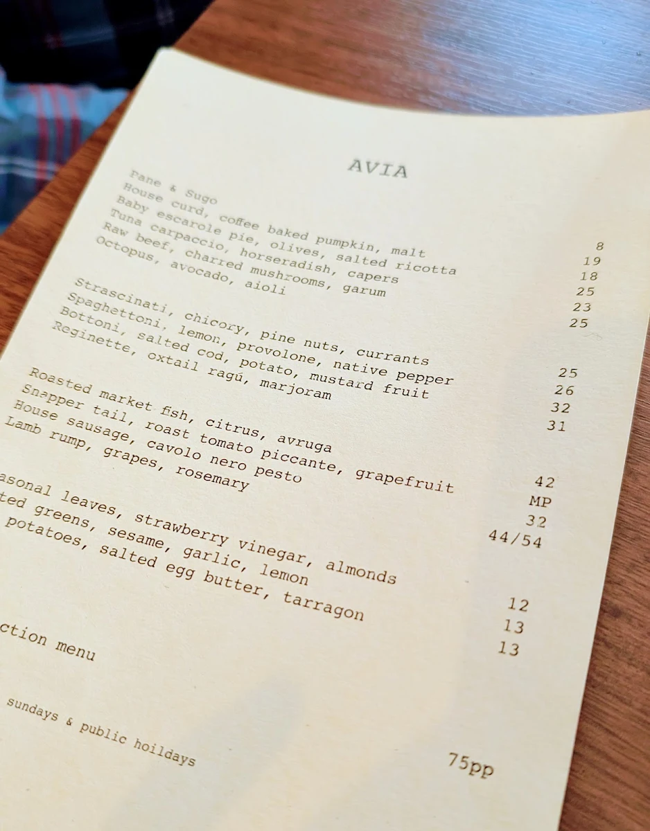 Menu, Avia Restaurant