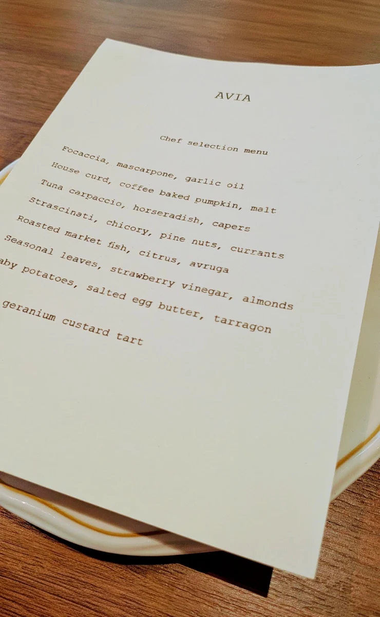 Menu, Avia Restaurant