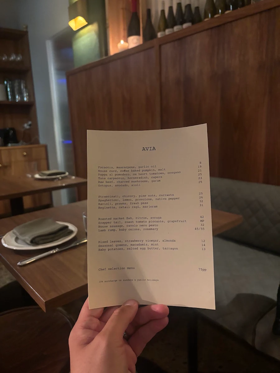 Menu, Avia Restaurant