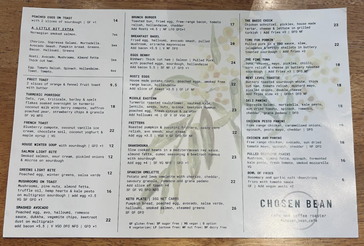 Menu, Chosen Bean Cafe & Coffee Roasters