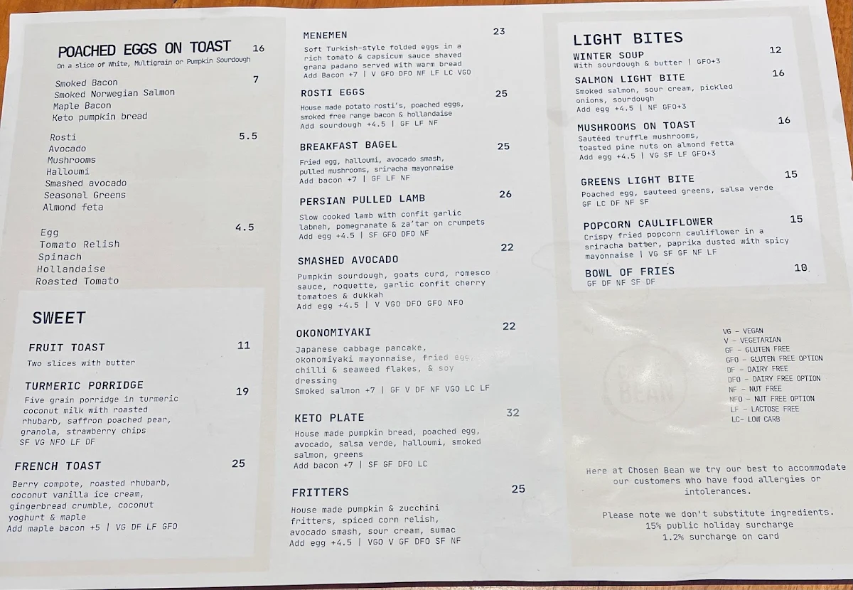Menu, Chosen Bean Cafe & Coffee Roasters